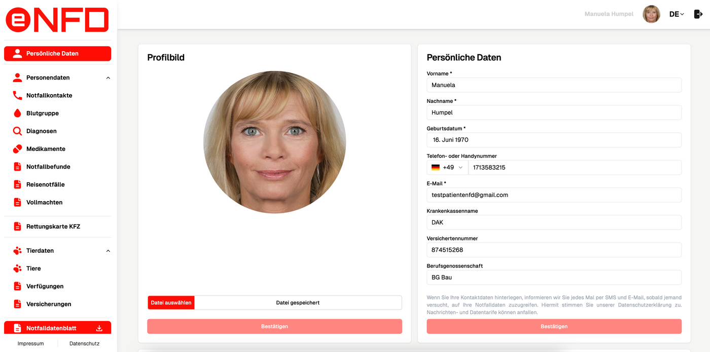 e-NFD "Notfallkontakt" inkl. Notfallkarte im persönlichen Anschreiben