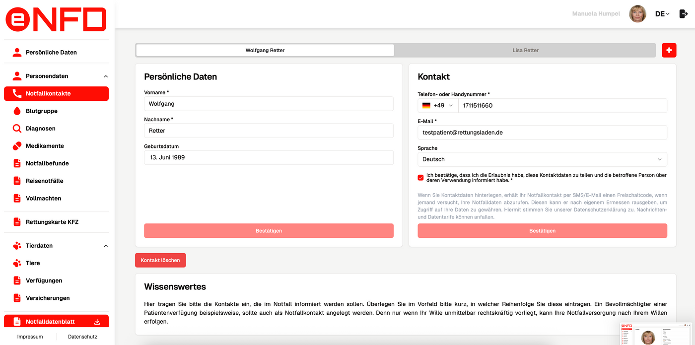 e-NFD "Notfallkontakt" inkl. Notfallkarte im persönlichen Anschreiben