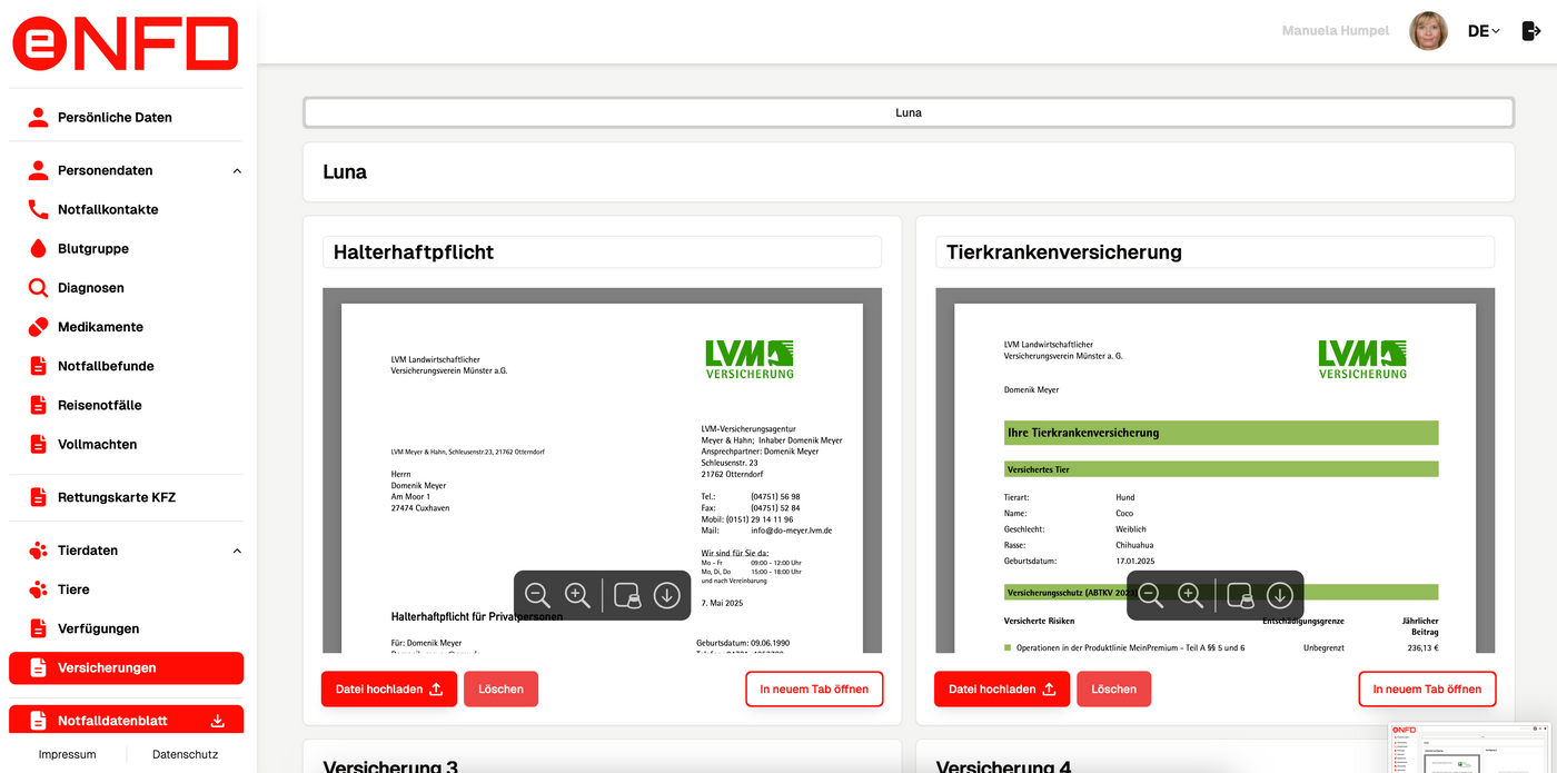 e-NFD "Notfallkontakt" inkl. Notfallkarte im persönlichen Anschreiben